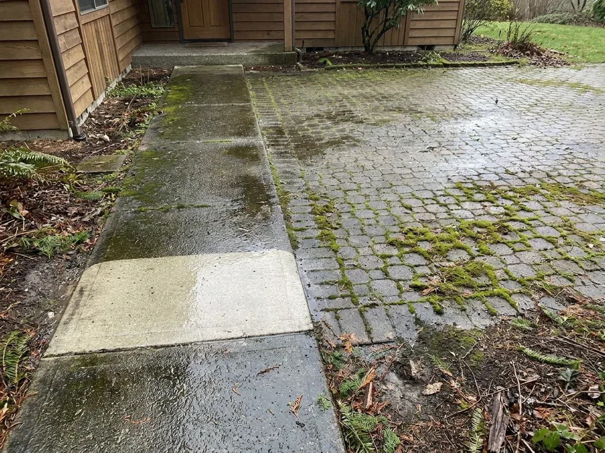 Moss and algae filming over a shaded concrete walkway and paver joints alongside a Cowichan Valley home