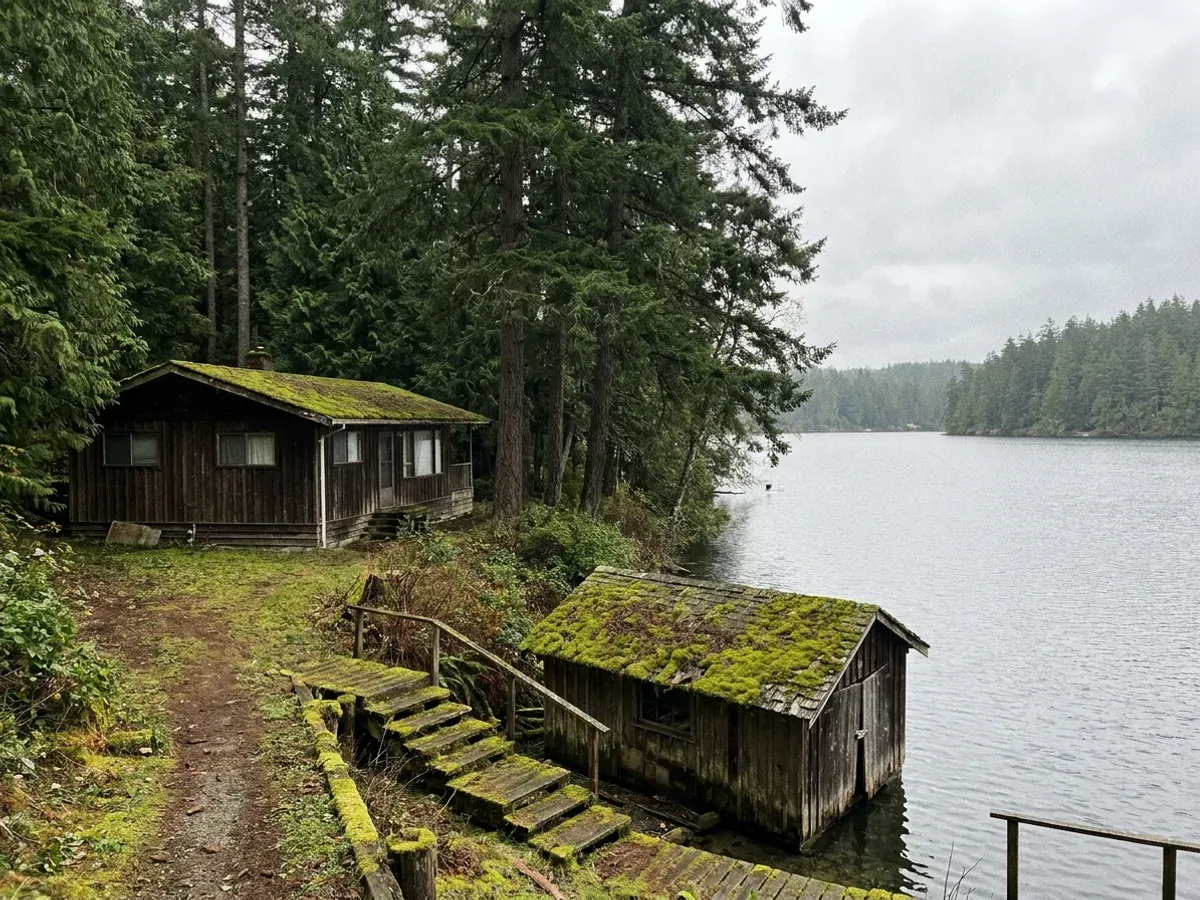 A Shawnigan Lake cottage with a low-slope roof and a boathouse below it, shaded by dense Douglas fir at the lakeshore